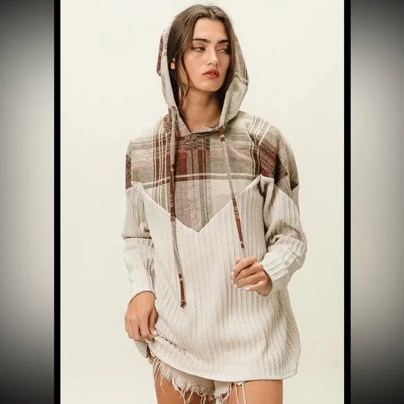 BIBI PLAID BRUSH KNIT CONRAST CABLE KNIT HOODIE - Picture 2 of 7